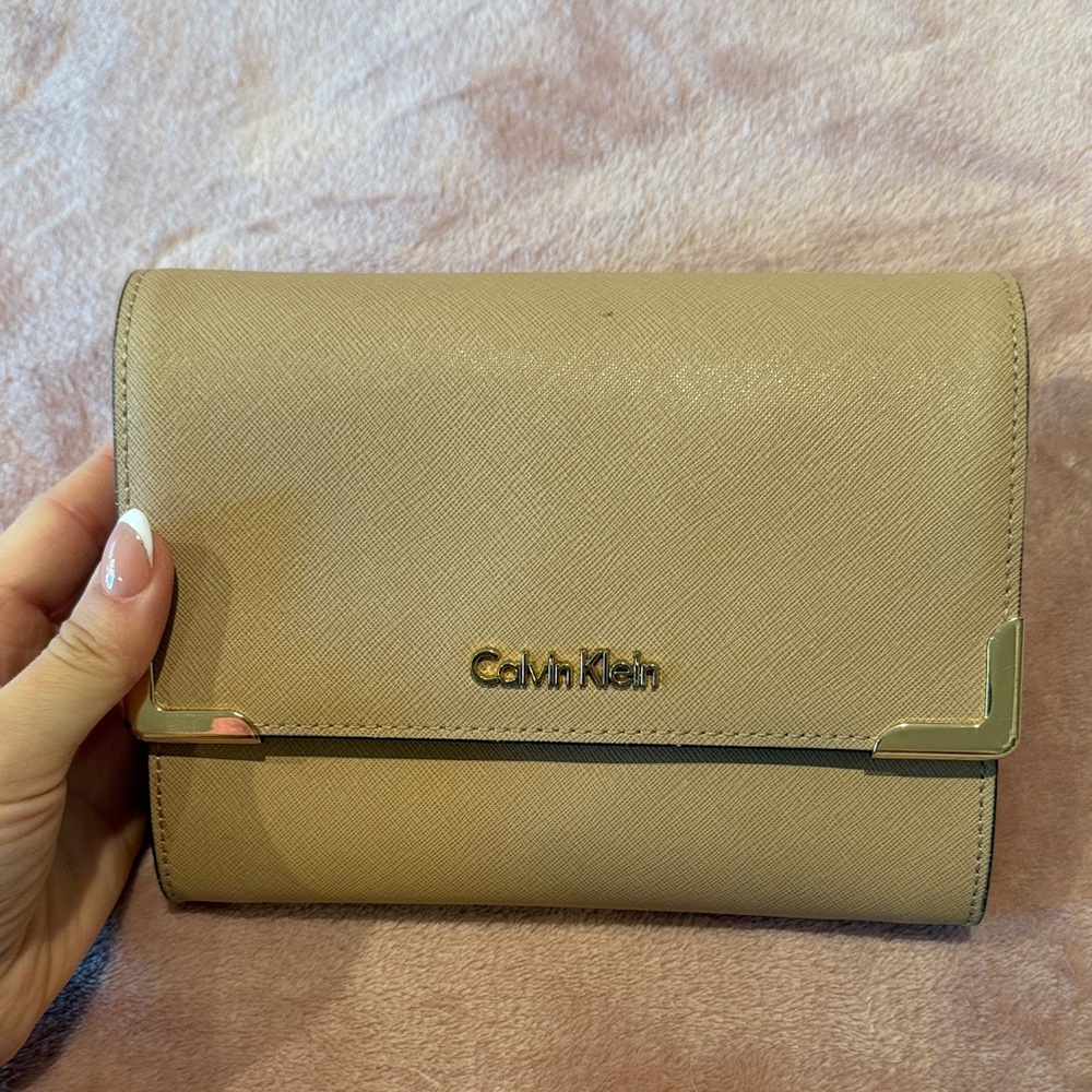 Calvin Klein Beige Clutch with Gold Accents